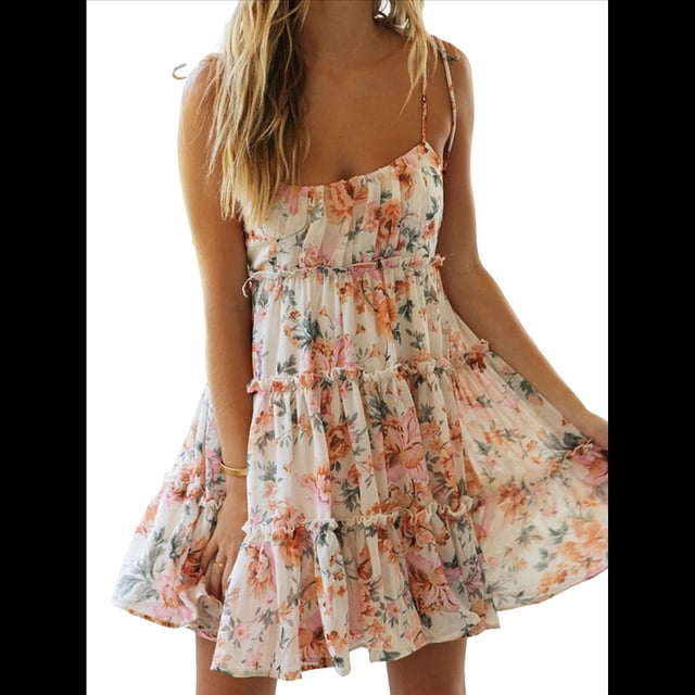 Vestido Bohemio Floral de Verano 2025 para Mujer, Corto, Sin Mangas, con Volantes y Tirantes Finos. Naranja y Verde L
