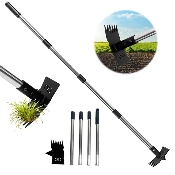 3-in-1 Adjustable Weed Puller Tool - Long Handle Stand Up Weeder with Rake & Soil Blade for Lawn, Garden, Yard - Heavy Duty, No Bending Required