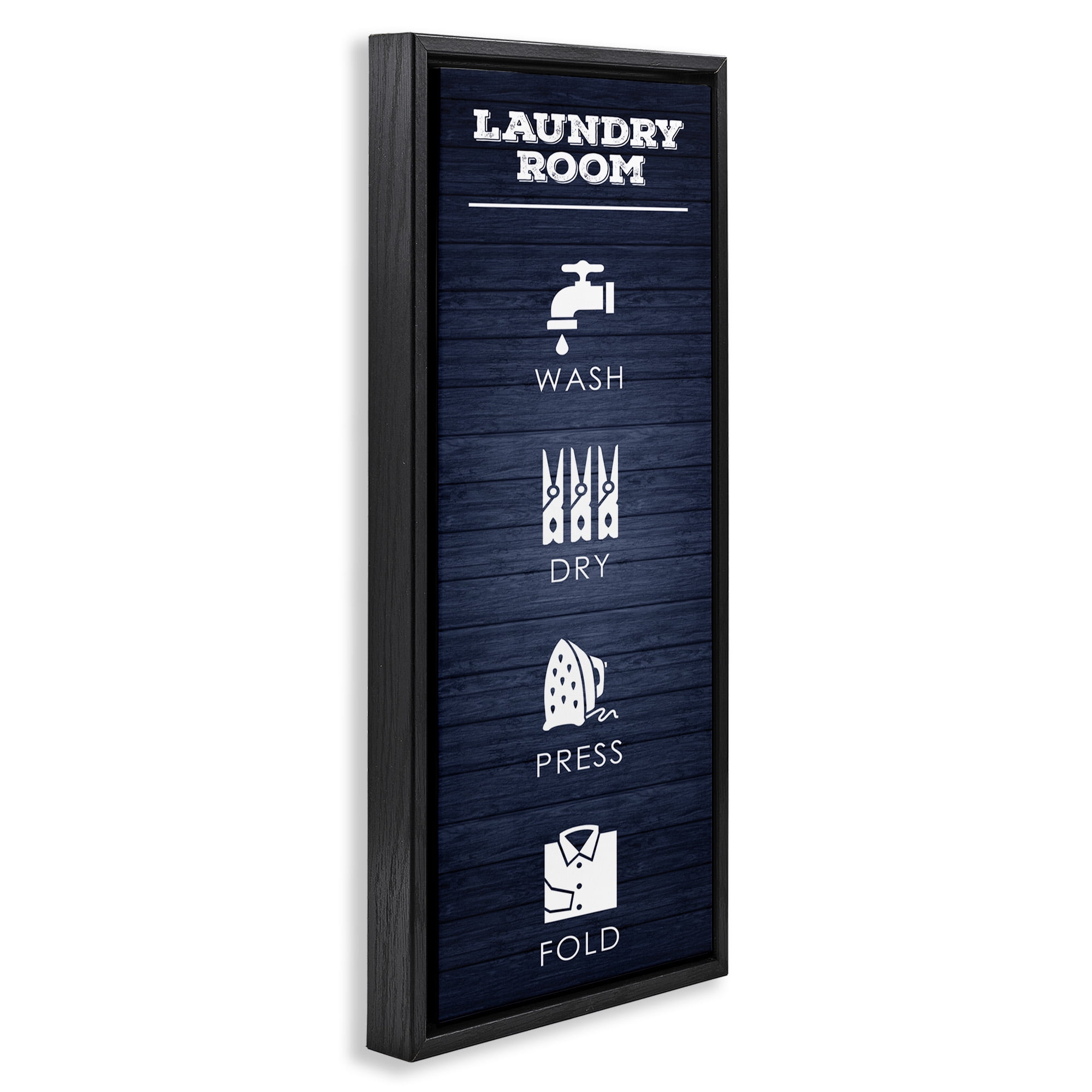 Stupell Industries Laundry Room Icons Rustic Blue Typography Painting Black Floater Framed Canvas Art Print Wall Art, 15 x 31