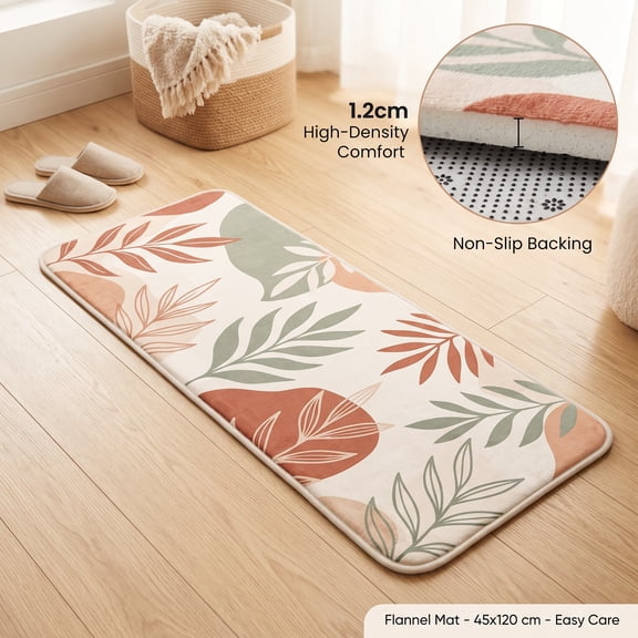 45 x 120 cm Rectangular Flannel Floor Mat, 1.2 cm Thick High-Density Comfort Rug with Non-Slip Backing, Easy-Care Botanical Leaf Runner Mat for Bedroom, Entryway, Living Room, Kitchen and Indoor Spac