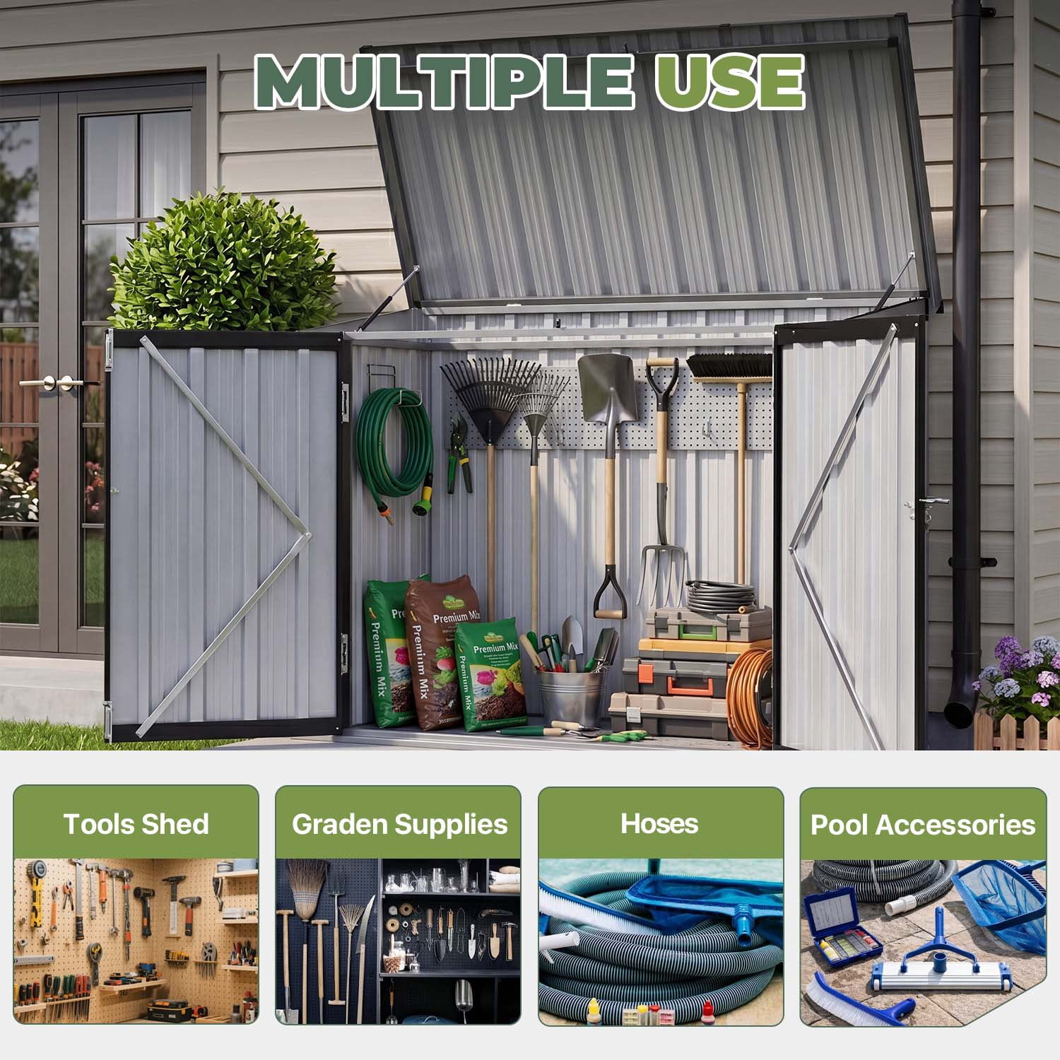 Bapipro 4'x2' Outdoor Garden Storage Cabinet, Metal Storage Shed with Lift-Up Lid and Lockable Double Doors, Weather Resistant Tool Storage for Patio, Backyard and Garden