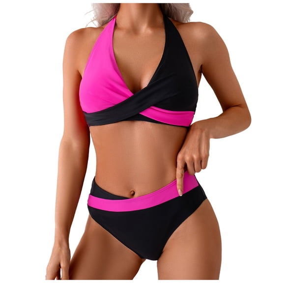 Wamejoo Women's Bikini Set High Waisted Twist Swimsuit Colorblock Halter Two Piece Bathing Suit (Black, M)