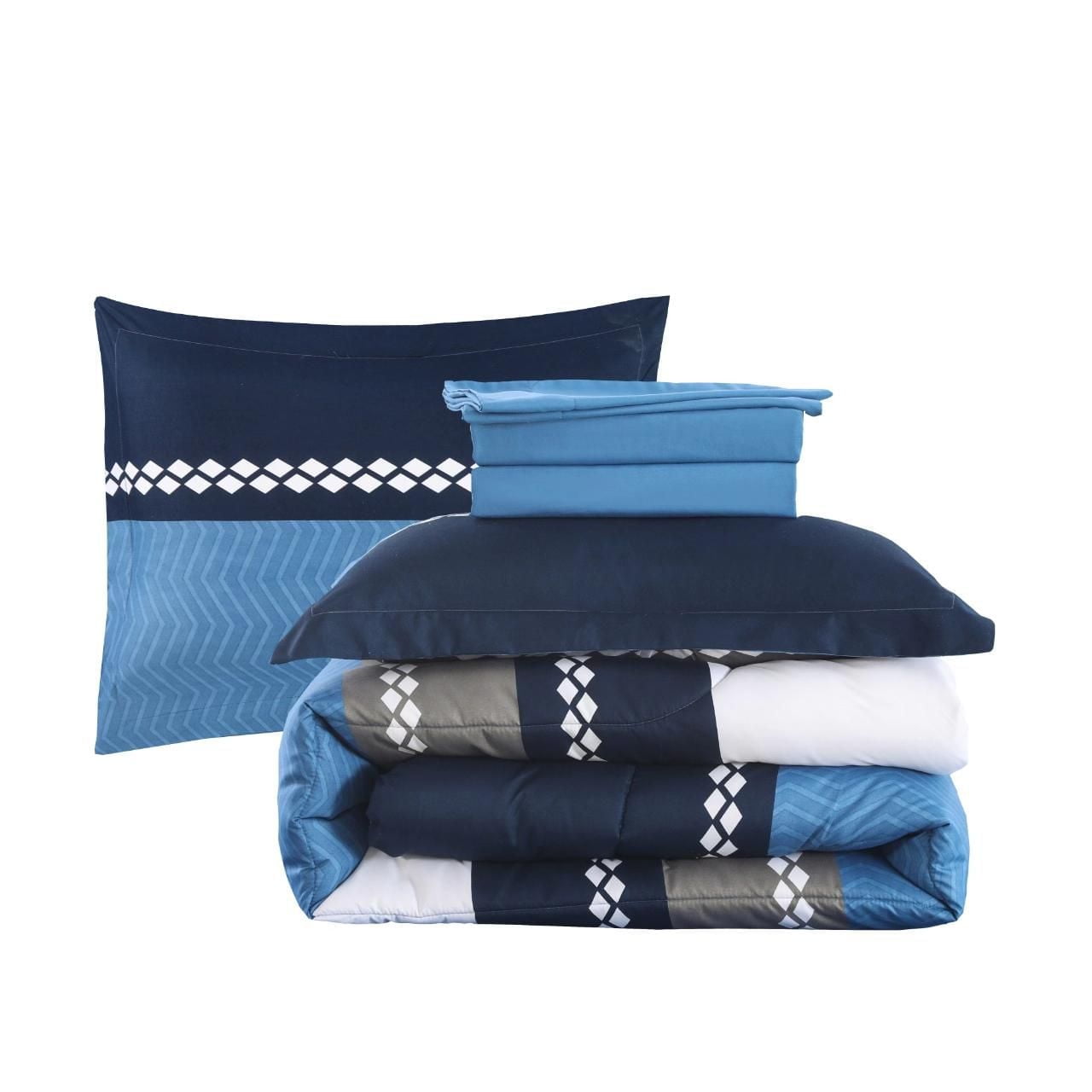 Marina Decoration Ultra Soft Luxury Fluffy Goose Down Alternative Bed in a Bag Bedding Printed Comforter Set Includes Sheet Set, Navy Blue Geometric Stripes Pattern