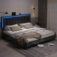 King Bed Frame with Charging Station and LED Lights,Leather Upholstered