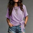 thumbnail image 2 of Women's Gingham Cotton Tops Summer Oversized Crew Neck Bow Tie Waist Blouse Fashion Casual Short Sleeve Daily Wear Shirt Purple, 2 of 5