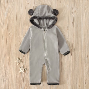 Newborn Baby Fluffy Infant Bear Ear Jumpsuit Hooded Fleece Rompers Long Sleeve Zipper Onesie Outwear Coat Clothes