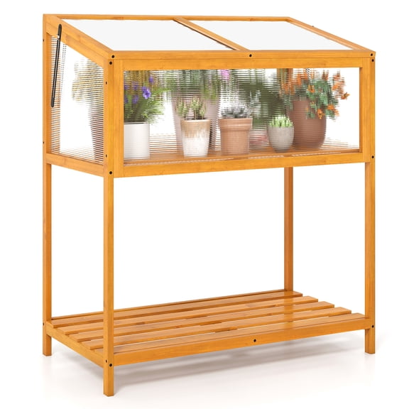 Gymax Wood Cold Frame Greenhouse w/Transparent Openable Roof & Slatted Storage Shelf