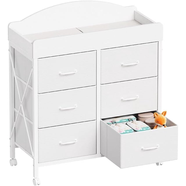 Mesa Cómoda Cambiador de Bebé con Ruedas, Cómoda de Bebé de 6 Cajones de Tela con Superficie de Mesa Cambiador, Estación Impermeable para Cambio de Pañales y Almohadilla, Unidad de