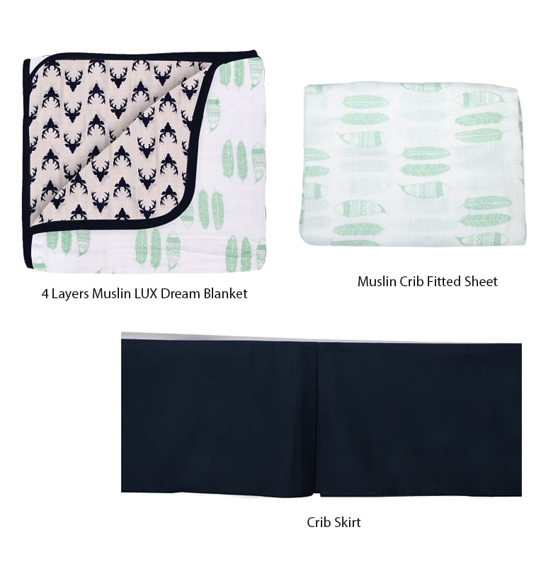 Bacati - Tribal Mint/Navy Feathers Buck Triangles Muslin Boys Crib Bedding Set