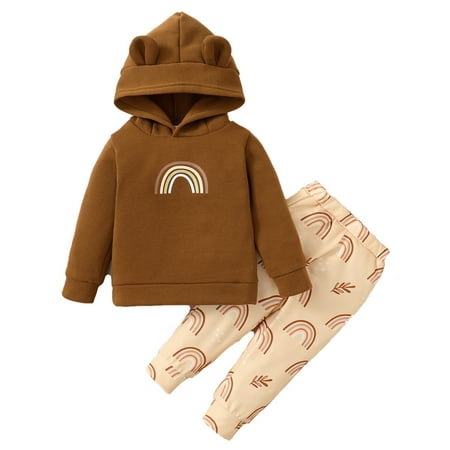 

Kucnuzki 18 Months Baby Girl Fall-Winter Outfits Pants Sets 24 Months Long Sleeve Rainbow Prints Cozy Hooded Sweatshirt Tops Elastic Rainbow Prints Pants 2PCS Set Brown