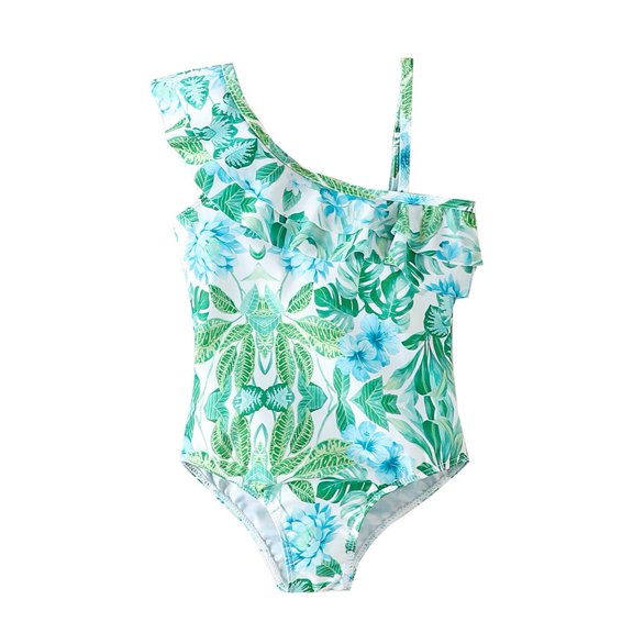 GYRATEDREAM Baby Girl Swimsuit Cute One Piece Tropical Print Bikini Ruffle Bathing Suit with Sun Protection