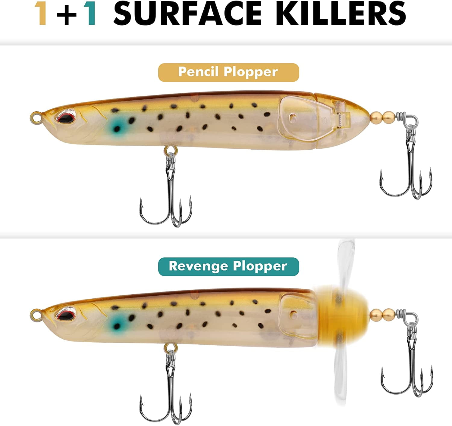 Topwater Fishing Lures with BKK Hooks, Plopper Fishing Lure for Bass  Catfish Pike Perch, Floating Minnow Bass Bait with Propeller Tail, Top Water  Pencil Plopper Lures Freshwater or Saltwater 