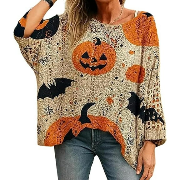Women's Halloween Pumpkin Print Knit Top, Witchy Cozy Vibes – Halloween Pumpkin Knit Sweater, Bat Witch Pullover L