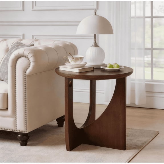DRNANLIT Solid Wood Round End Table, U-Shaped Base, Natural Wood Grain, Simple Center Table for Living Room Minimalist Decor, 1-Piece