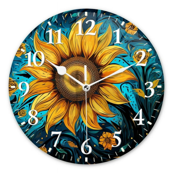 Round Wall Clock,Sunflower At The Center Surrounded By Swirling Patterns,Silent Non-Ticking Wall Clock Decor for Home Office Kitchen Living Room Bedroom(10inch)