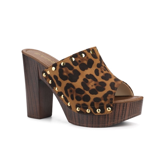 BLISSFUL STEP Chaussures pour Femmes à Plateforme à Talons Épais à Bout Ouvert à Rivets en Faux Suède Sandales à Enfiler Léopard 5.5