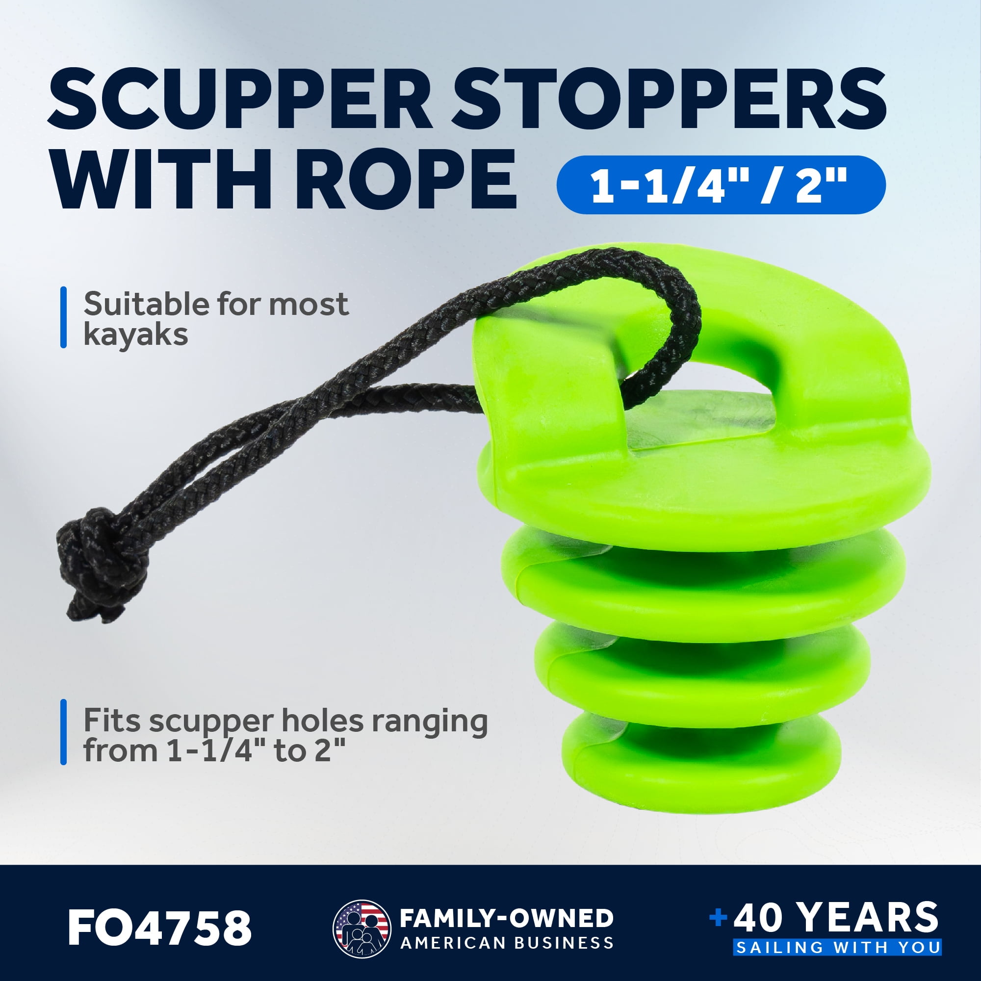 Five Oceans Kayak Scupper Plug 4-Pack Large 1-1/4" / 2" Inch Scupper Plugs Drain Holes Stopper with Handle and Rope Universal Kayak Plugs for sit on top of Kayak Canoe Boat - FO4758