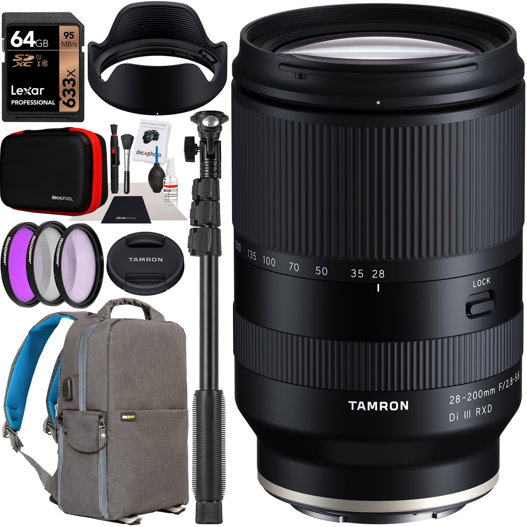 Tamron 28-200mm F/2.8-5.6 Di III RXD Lens Model A071 for Sony E-Mount Full  Frame Mirrorless Cameras Bundle with Deco Gear Photography Backpack Case +  Filter Kit + 64GB Card + Monopod +
