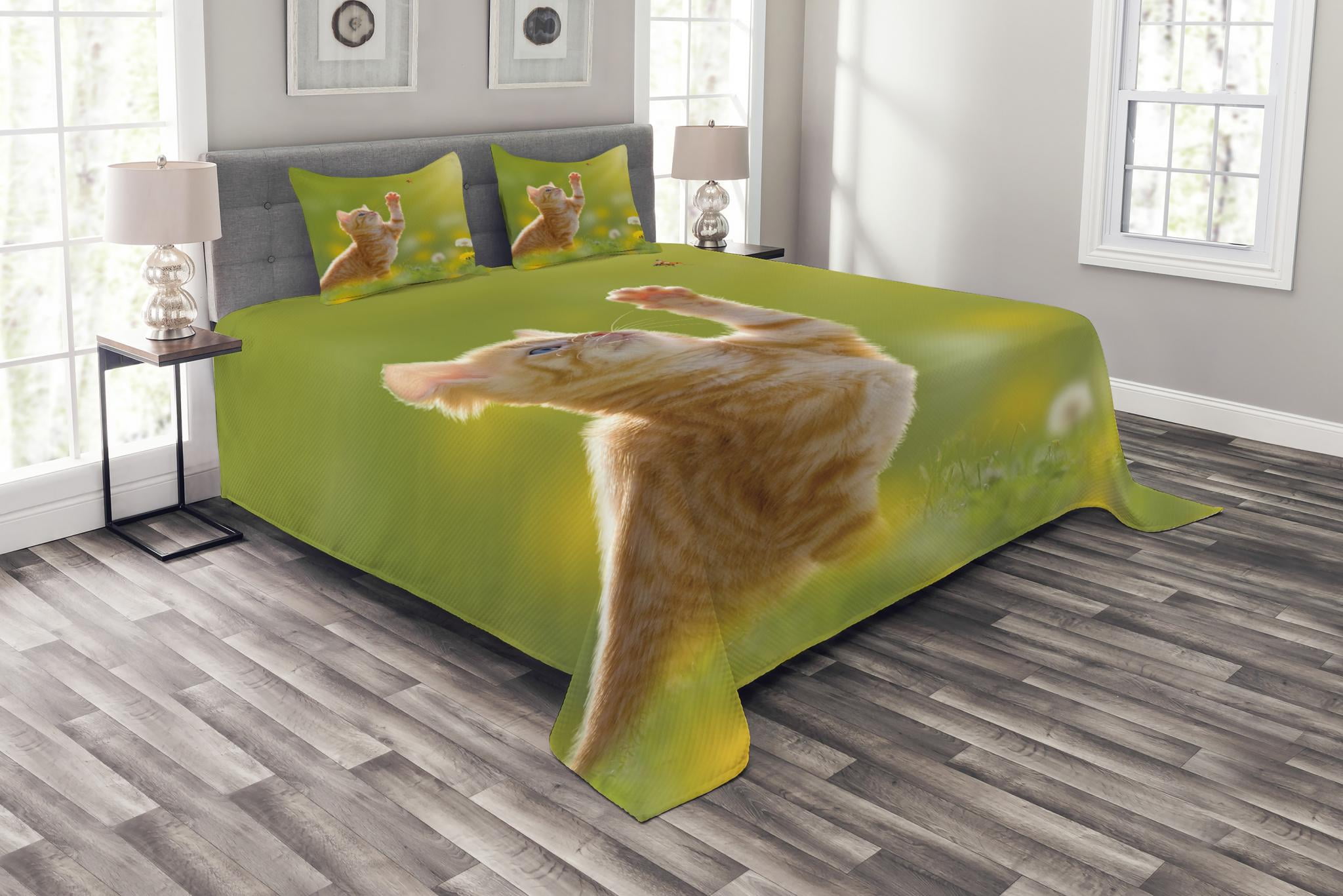 Cat Bedspread Set, Animal Theme Cat Hunting a Ladybug Nature Grass