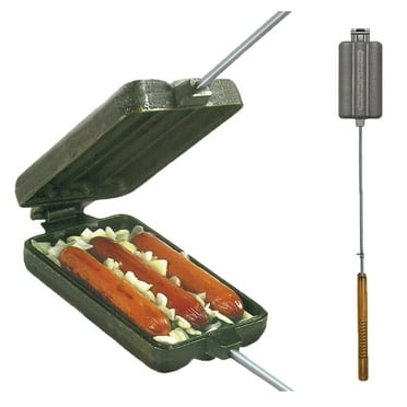 Rome Cast Iron Hot Dog and Brat Cooker - Long Handle for Campfire Cooking