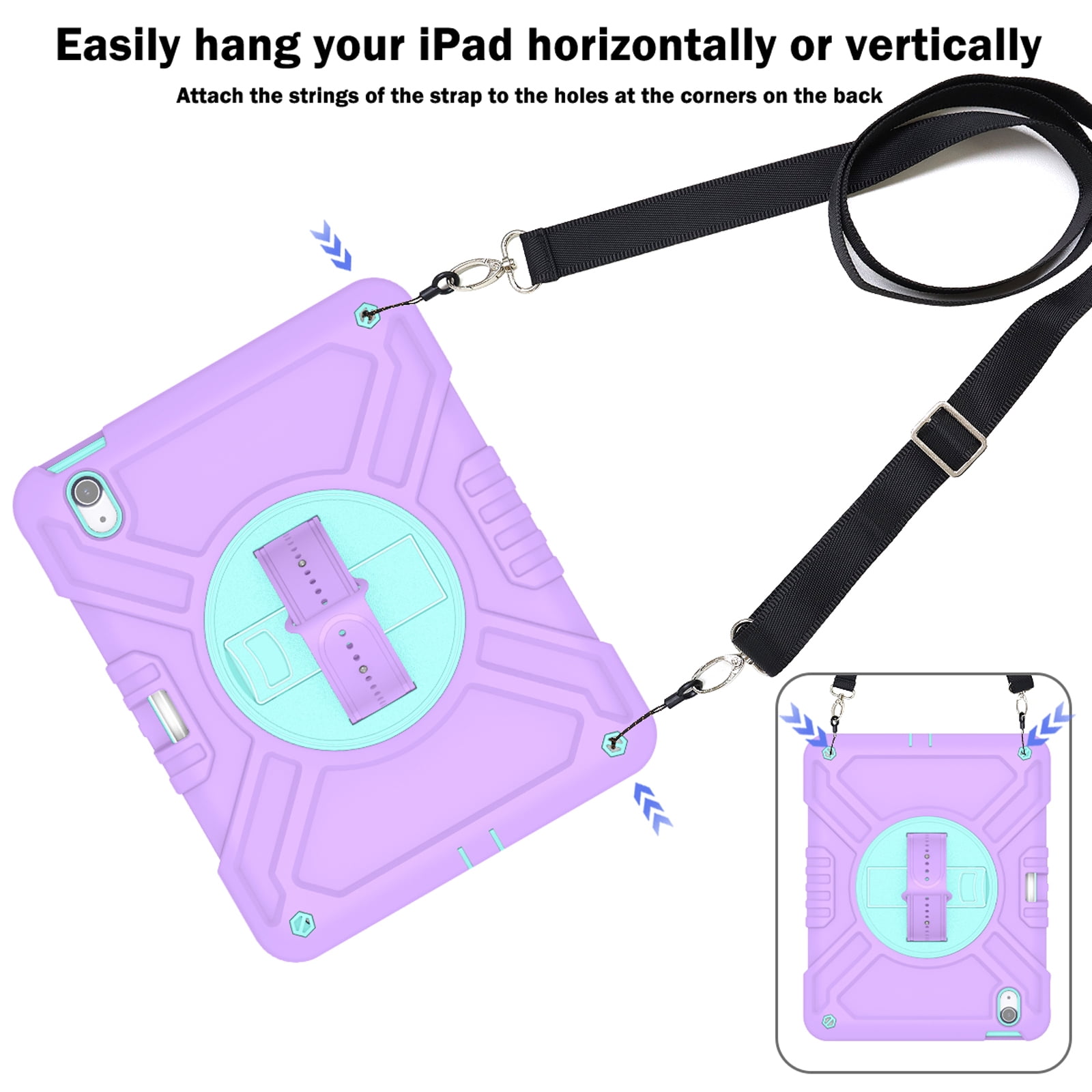 Military Grade Case for Apple iPad Air 11 inch 2024,Shoulder Strap Shockproof iPad Case with Pencil Holder 360 Rotating Hand Strap+Kicstand Rugged Siicone and Hard PC Case,Purplegreen