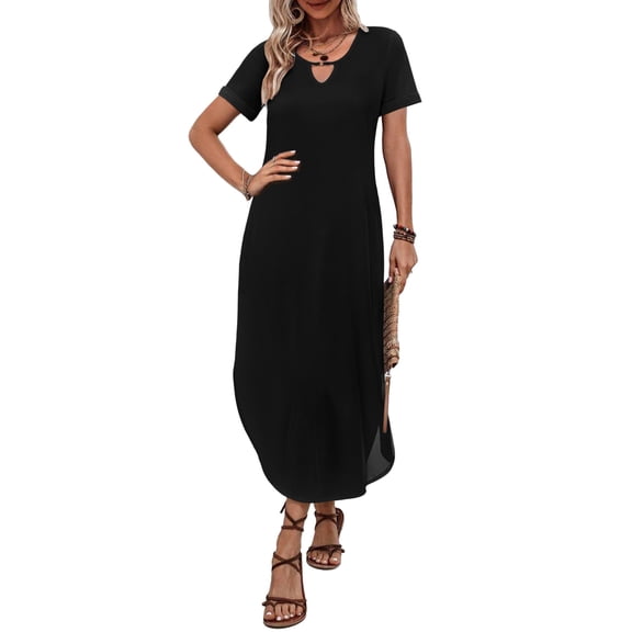 Zeagoo Long Dresses for Women Casual Summer Maxi Dress Short Sleeve Long Dress with Pockets Curve Hem Long Dress Crew Neck