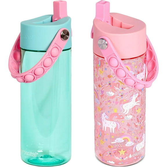 Elemental Leak Proof Water Bottles for Kids - Splash Kids Water Bottle for School with Fun Fidget Pop-it Handle - Tritan Plastic Water Bottle with Straw - Pink Unicorn & Robins Egg - 18oz (2 Pack)