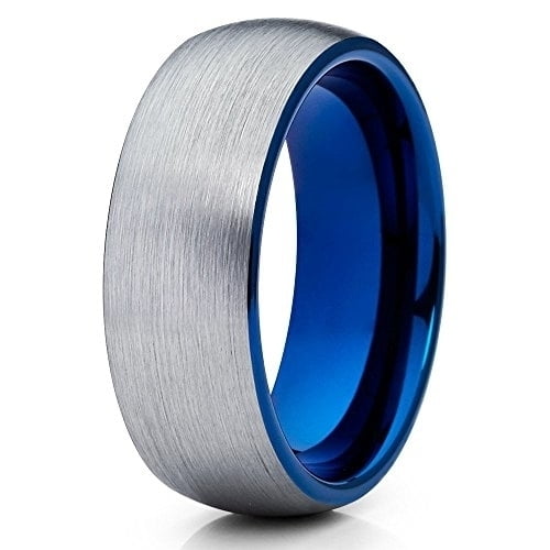 8mm Gray Tungsten Ring Blue Brushed Tungsten Band Tungsten Carbide Ring Dome