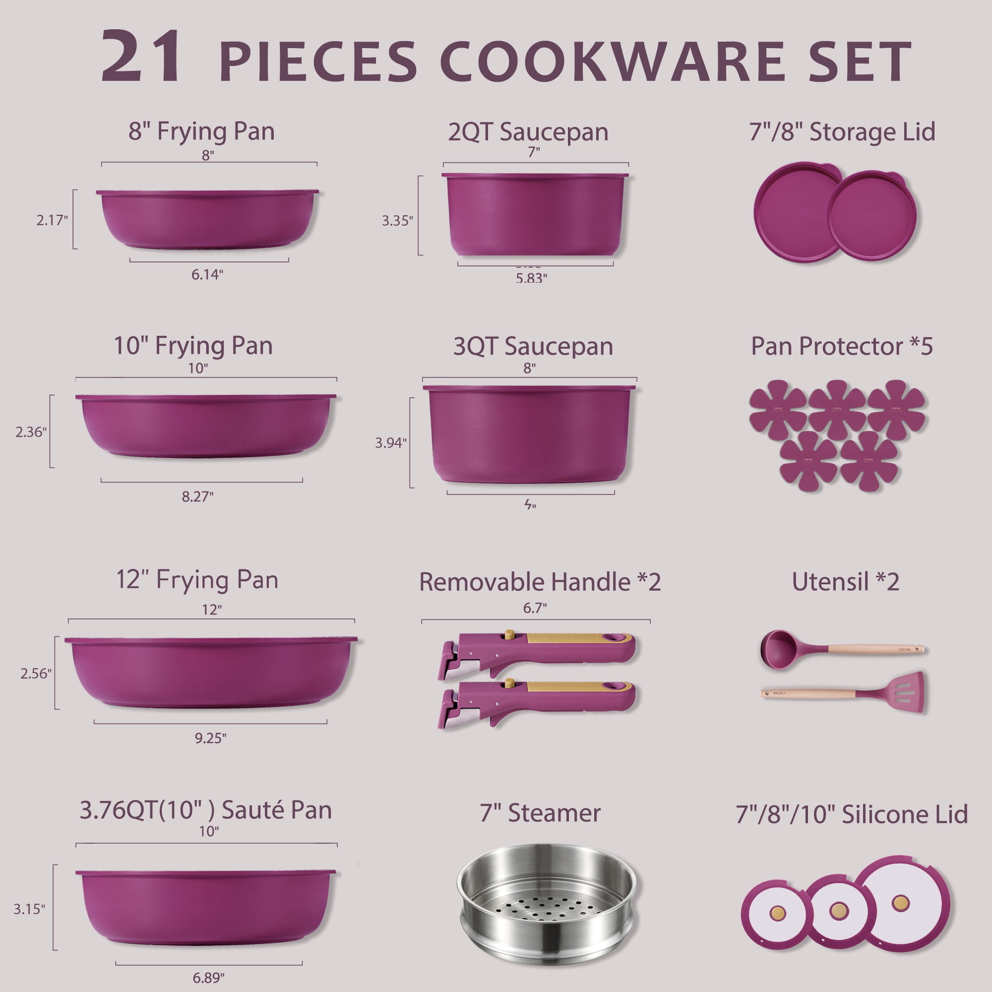 Carote 21-Piece Nonstick Pots and Pans Set, Kitchen Cookware Set with Detachable Handle, Induction Compatible, Purple