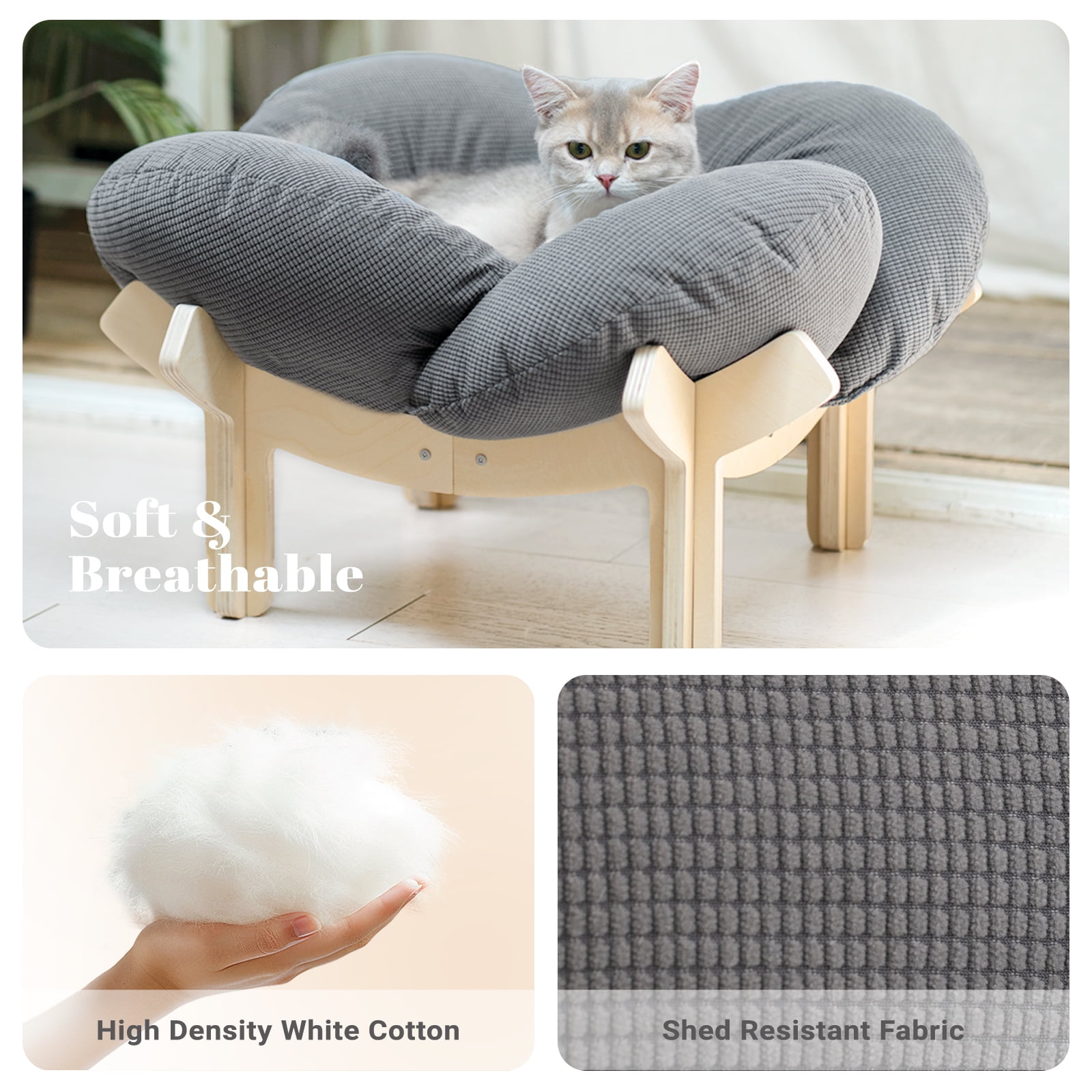 CheerPals Elevated Cat Bed, Washable Flower Pet Cushion with Sturdy Wooden Frame, Heavy-Duty Lounge Chair for Indoor Cats & Small Dogs, Gray