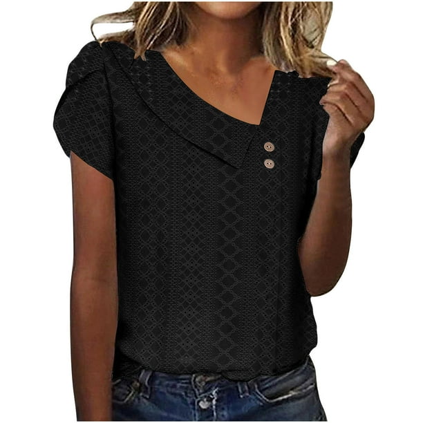 Camiseta de mujer de color liso con cuello en V, botones y mangas con flores, manga corta