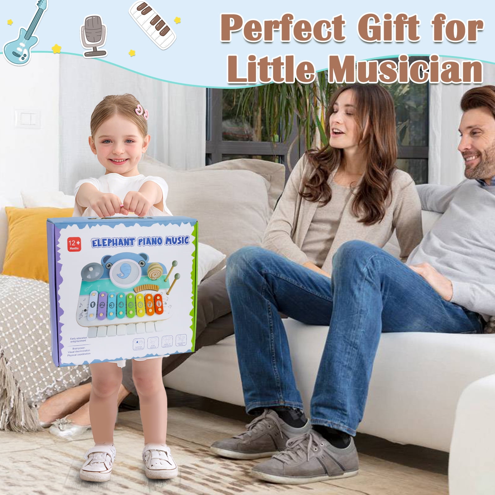 Wdmiya Baby Piano Xylophone for Toddlers 1-3, 6-in-1 Wooden Kids Musical Instruments, Music Toys with Drum Keyboard Sheet Music, Preschool Educational Birthday Gitfs for 1 2 3 Years Old Boys Girls