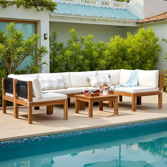 Devoko 7 pieces Patio Acacia Wood Sectional Sofa with Cushions,Outdoor Furniture Set for Porch, Yard and Balcony