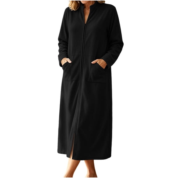 WAGUTH Women's Full Zip Stand Collar Fleece Long Robes with Pockets Long Sleeve Side Slit Loose Warm Loungewear Nightgown