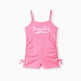thumbnail image 1 of PatPat Summer Girls Clothes Toddler Girl Letter Print Drawstring Ruched Side Ribbed Cami Romper, Rose Pink, 4-5 Years, 1 of 6