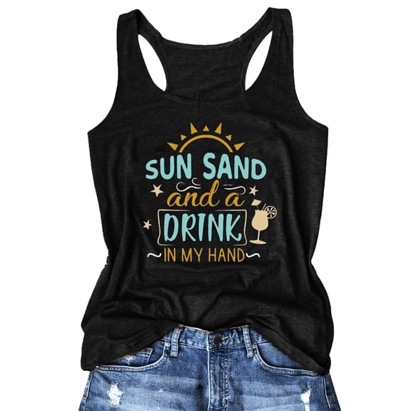 VNKIDY Womens Sleeveless Racerback Tank Top Casual Letter Graphics Casual Loose Fit Breathable Top For Beach Vacation Daily Wear Black XL