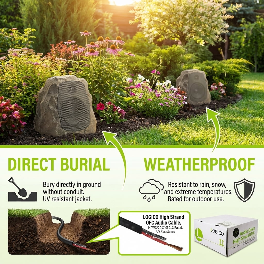 Speaker Wire Audio Cable 14/2 AWG In-Wall Outdoor Direct Burial UV Black 250ft
