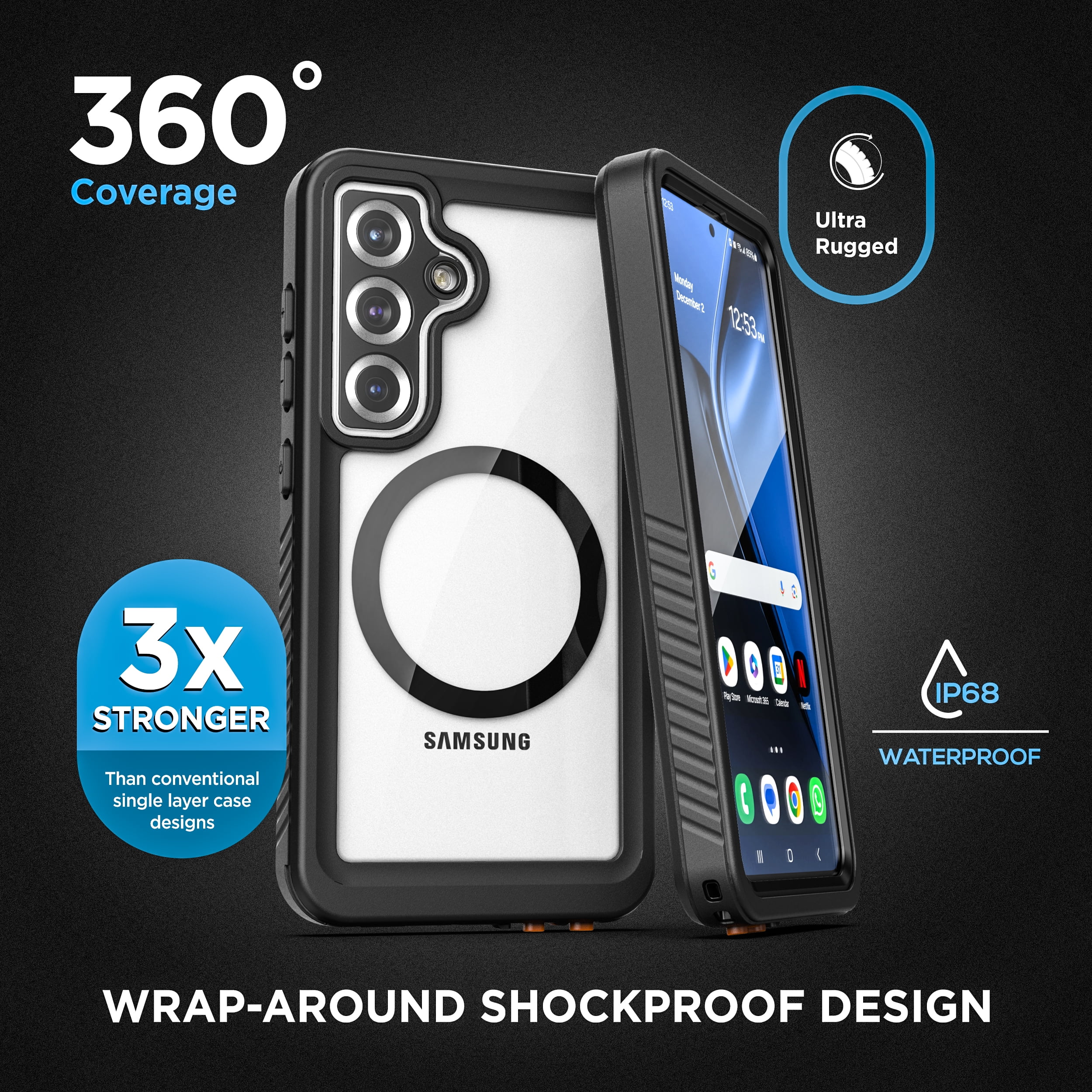 Encased Waterproof Case Designed for Samsung Galaxy S25 (IP68) Full Body Protective Phone Case with Screen Protector Built-in (Clear/Black)