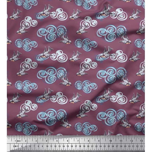 Soimoi Viscose Chiffon Fabric Clouds & Bullfinch Bird Print Sewing Fabric Yard 42 Inch Wide