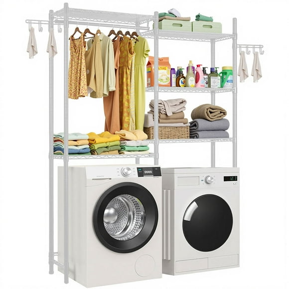 Étagères de rangement pour lave-linge et sèche-linge KFFKFF, étendoir à linge à 5 niveaux avec tringle et crochets, étagères réglables à deux rangées pour gagner de la place, blanc
