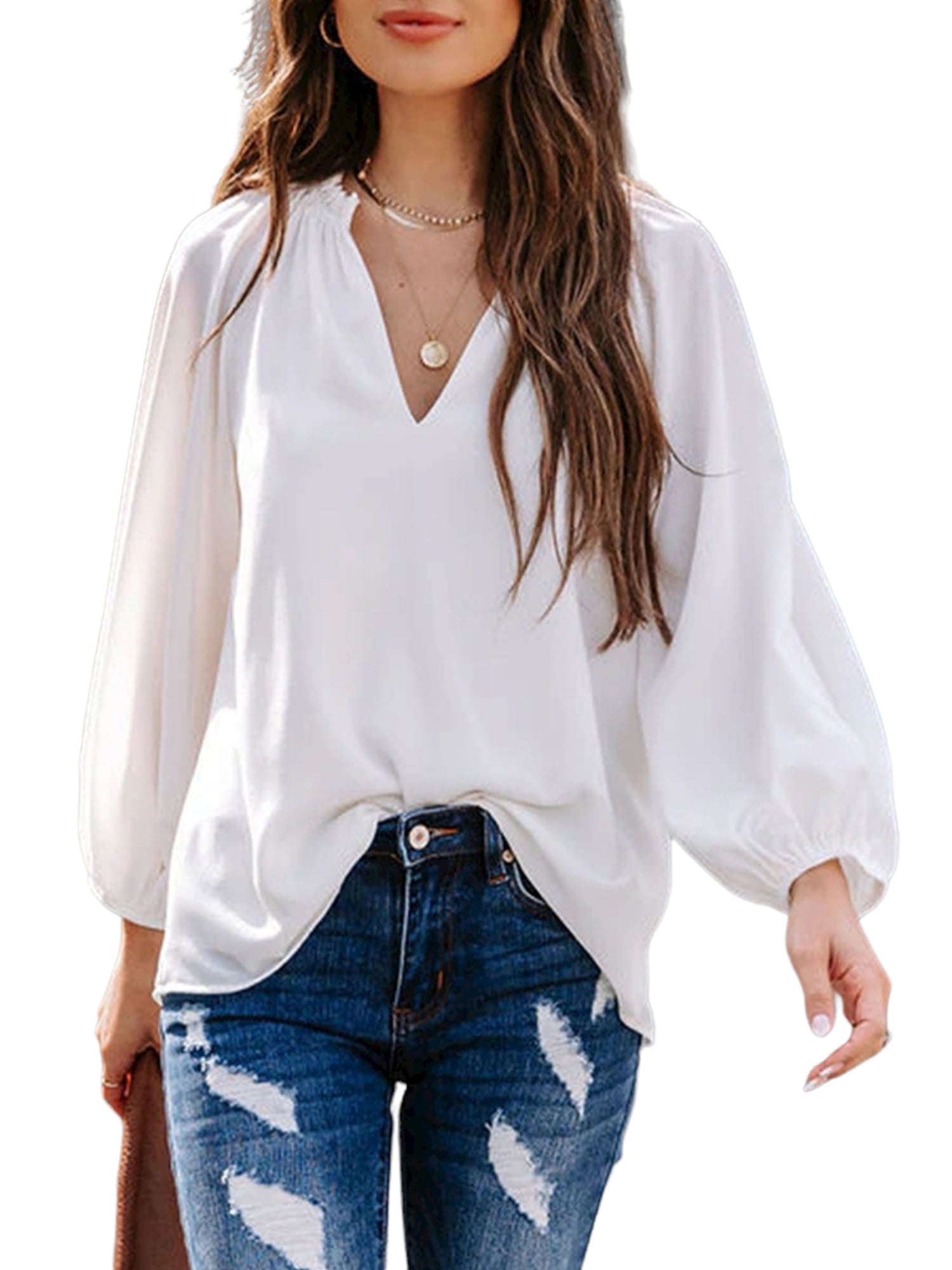 JustVH Women Long Sleeve VNeck Tops Loose Business Blouse