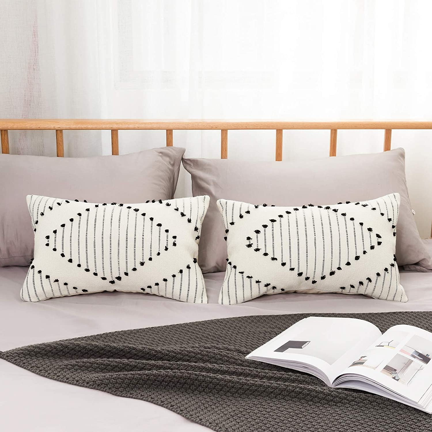 Hhhc Set Of 2 Boho Throw Pillow Covers 12x20 Tufted Diamond Decorative Pillow Covers Neutral Lumbar Small Throw Pillows For Couch Bed Black Yellowy