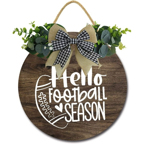Eveokoki 12" Hello Football Season Welcome Signs for Front Door Farmhouse Rustic Round Wooden Hanging Wreaths for Home Porch Wall Decor Housewarming Gift Football Lovers Outdoor Indoor