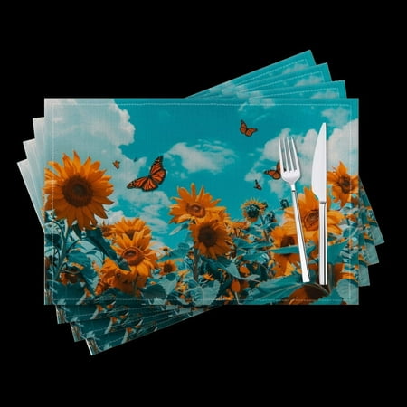 

BaHomeck placemats Set of 4 Sunflowers And Butterflies In The Sky With Blue Sky Cotton Linen rectangle Placemats for Kitchen Dining Table Indoor Outdoor 18*12inch