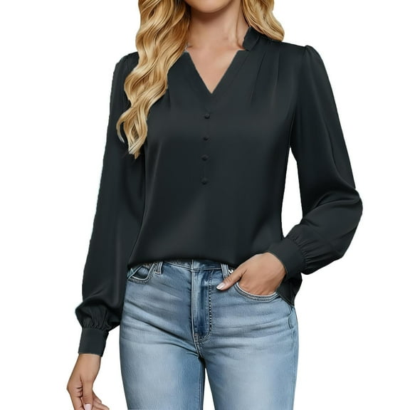 hotojiny Blouses for Women Dressy Casual Satin Silk Work Office Fall Outfits Elegant Lantern Long Sleeve V Neck Business Tops