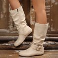 thumbnail image 2 of HEWUQI Short Cowboy Boots for Women Slouchy Mid Calf Round Toe Side Zipper Flats Adjustable Buckle Decor Comfortable Winter Fall Shoes Beige Size 5.5, 2 of 6