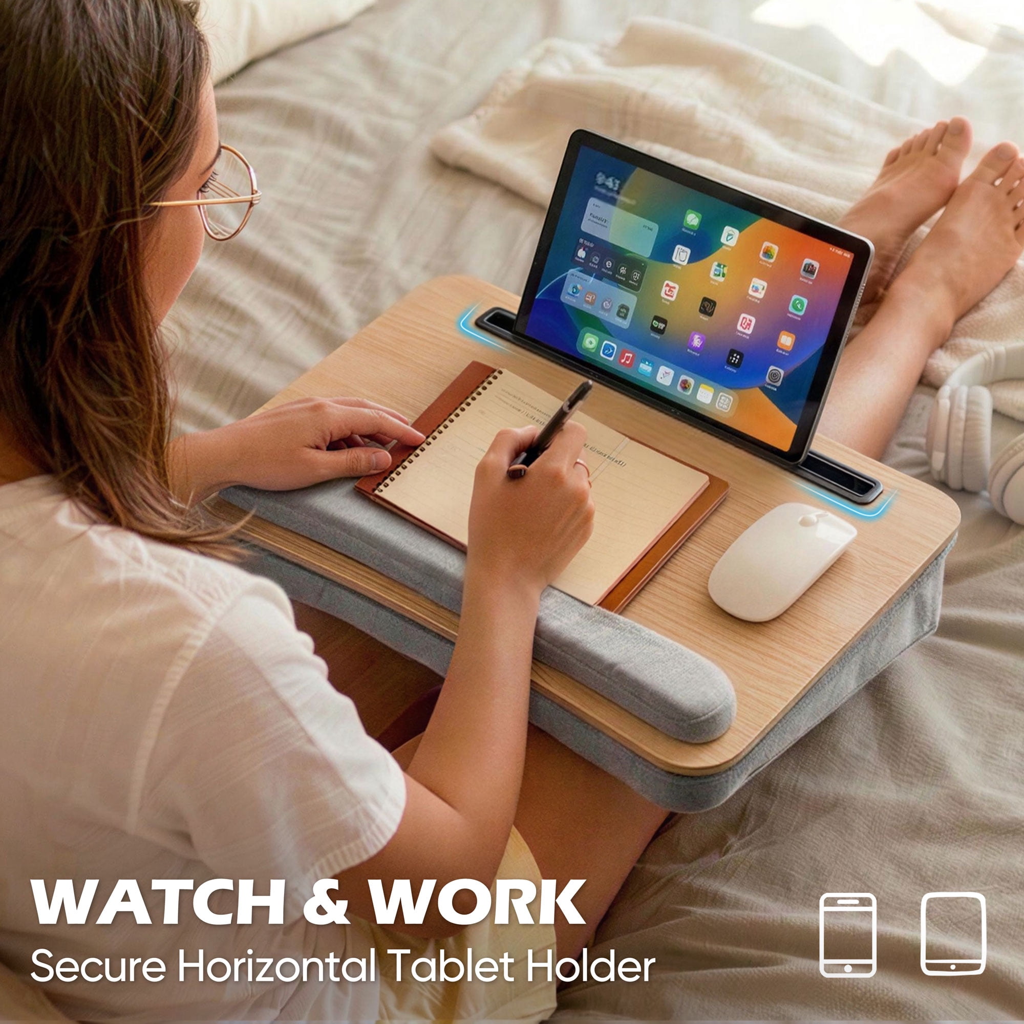 Coliware Lap Desk with Pillow Cushion, Portable Laptop Desk with Anti-Slip Strip Wrist Rest & Storage Function Fits Up to 15.6” Laptops, Laptop Stand for Home Office, Wood Grain Book Tablet