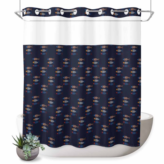 No Hook Shower Curtain, Black Blue Fish Coastal Shower Curtains for Bathroom with See Through Top Window, Nautical Seaside Ocean Rustic Vintage Waterproof & Washable Bath Curtain 66"x72"