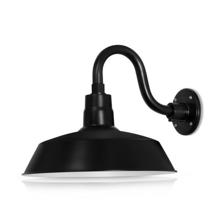 

14in. Satin Black Outdoor Gooseneck Barn Light Fixture With 10in. Long Extension Arm - Wall Sconce Farmhouse Vintage Antique Style - UL Listed - 9W 900lm A19 LED Bulb (5000K Cool White)