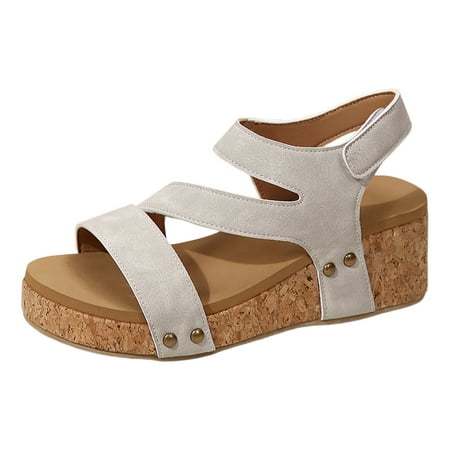 

Ladies Bohemian Leather Open Toe Hook Loop Slope Heel Thick Soled Roman Sandals Holiday Party Easy to Clean Soft Fabric